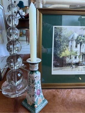 Floral Ceramic Candle Holder - Green and Pink Home Accent vintage Chinese